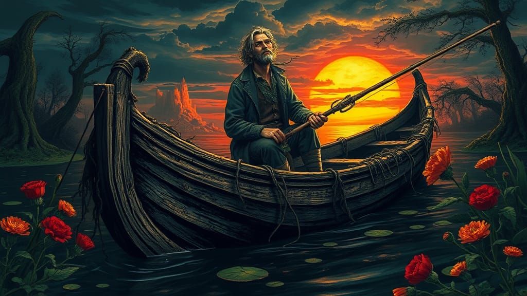 Fisherman on Swamp River in Dark Fantasy Style