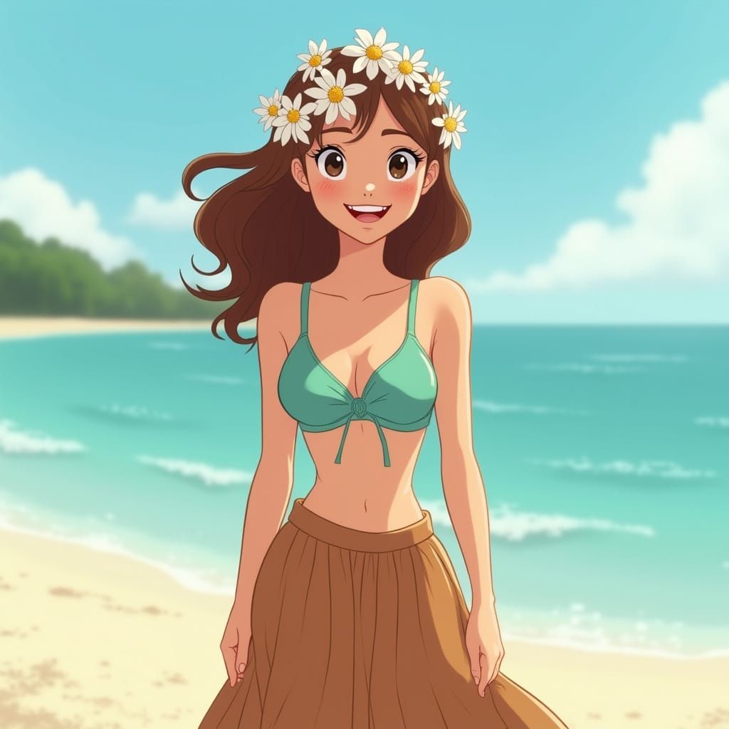 Animated Woman on Sunny Beach in Disney Style