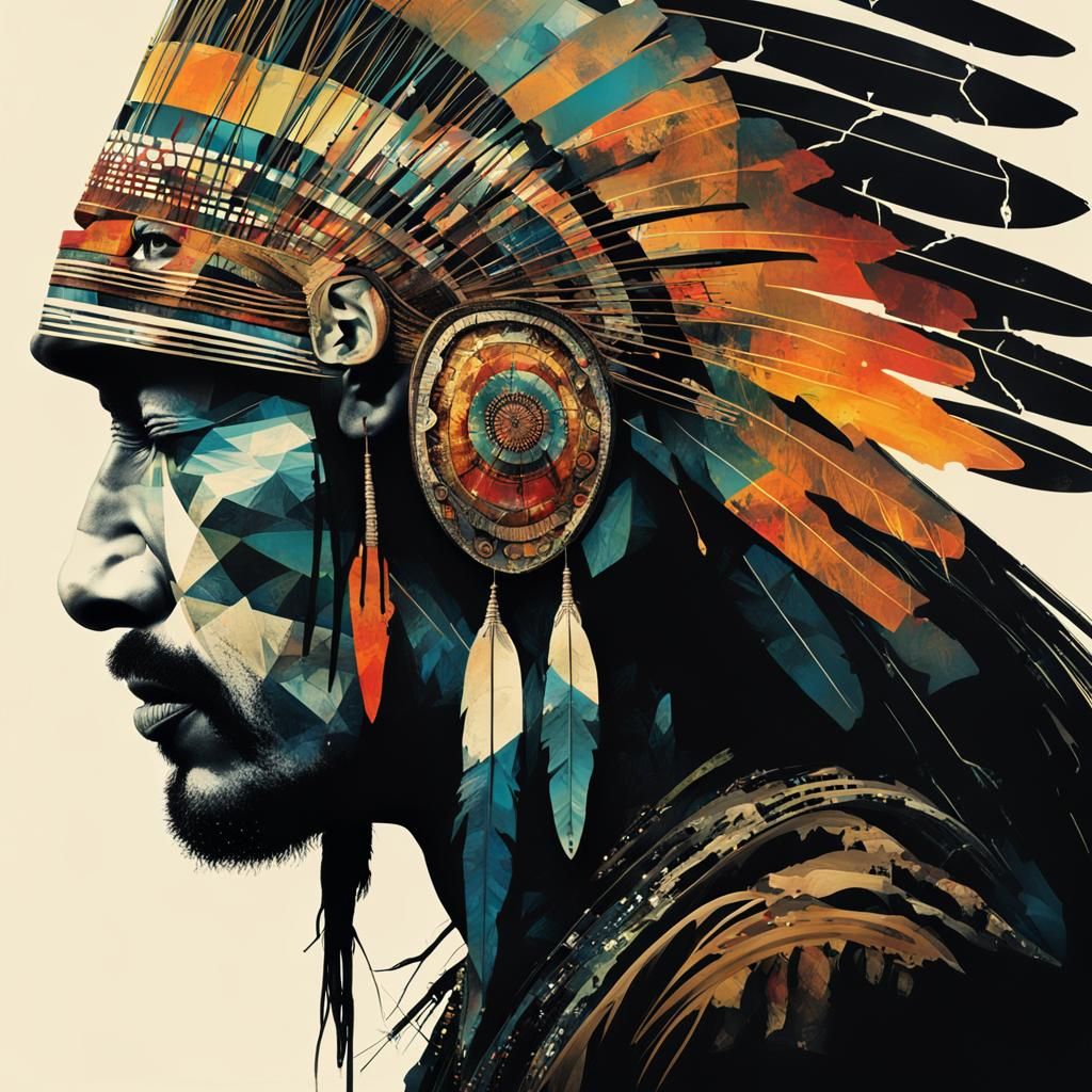 Hopi Silhouette with Sunset Landscape, Double Exposure