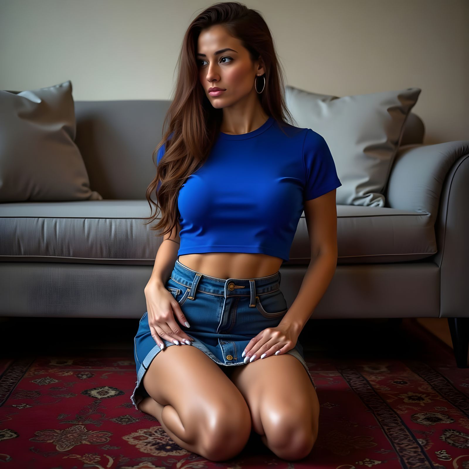 Young Woman in Contemplation on a Dark Rug