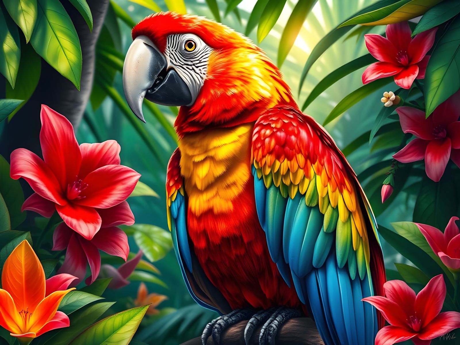 Vibrant Scarlet Macaw Portrait in Photorealistic Colored Pen...