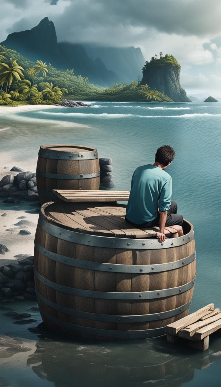 Island Contemplation: Man, Sea, and Barrel