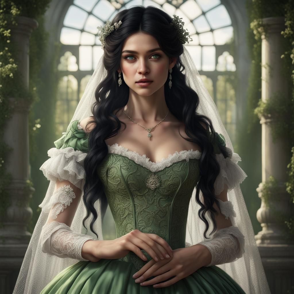 Victorian Bride with Green Eyes, Detailed Matte Painting