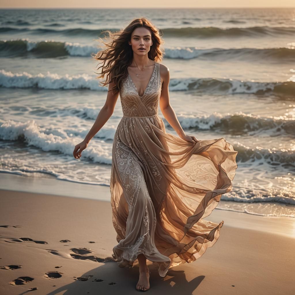 Woman in Sheer Dress Running on Beach at Sunset