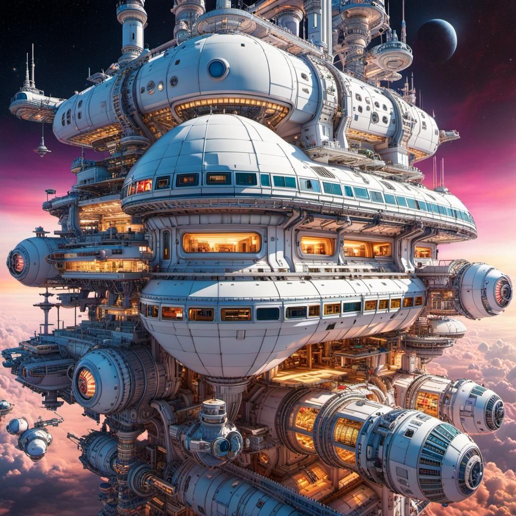 Colossal White Space Station in a Digital Art Style