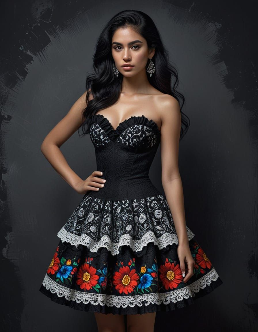 Mexican Woman in Strapless Dress: Vibrant Oil Painting