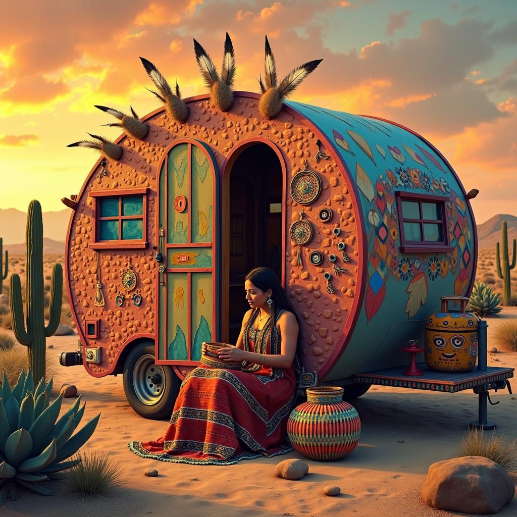 Native American Woman Weaving at Sunset