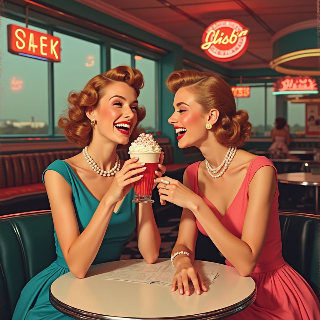 Retro Diner Scene: Women Share Milkshake, Pop Art Style