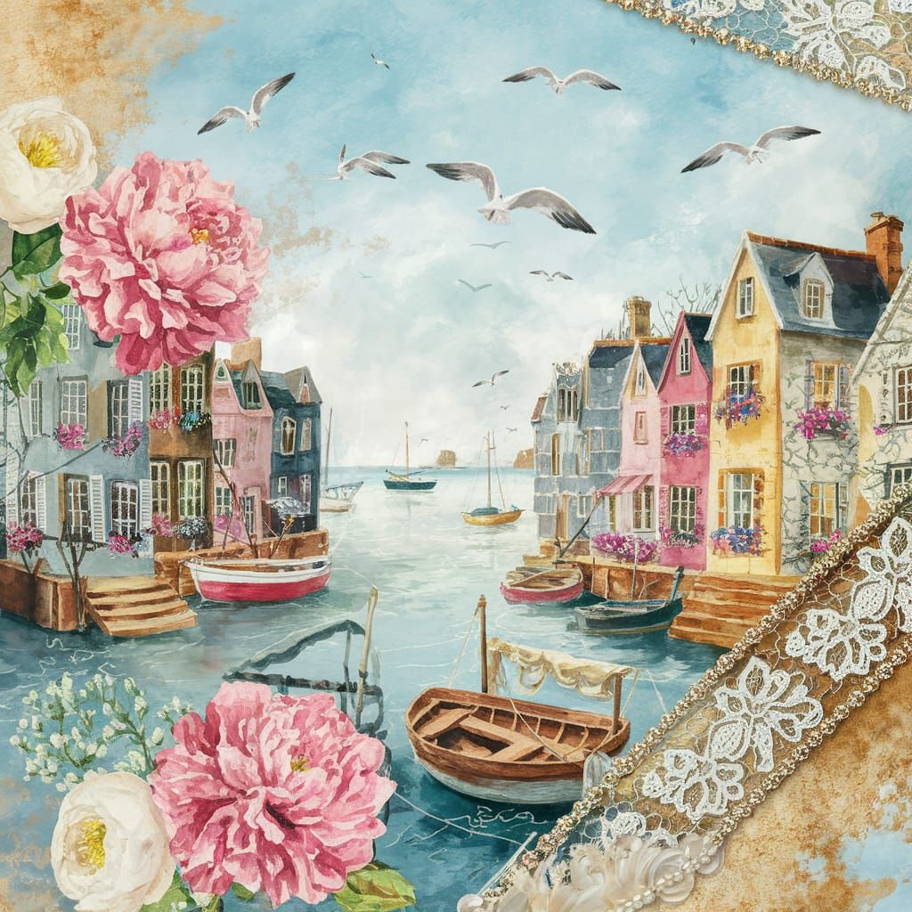 Whimsical Coastal Village Scene in Vintage French Style