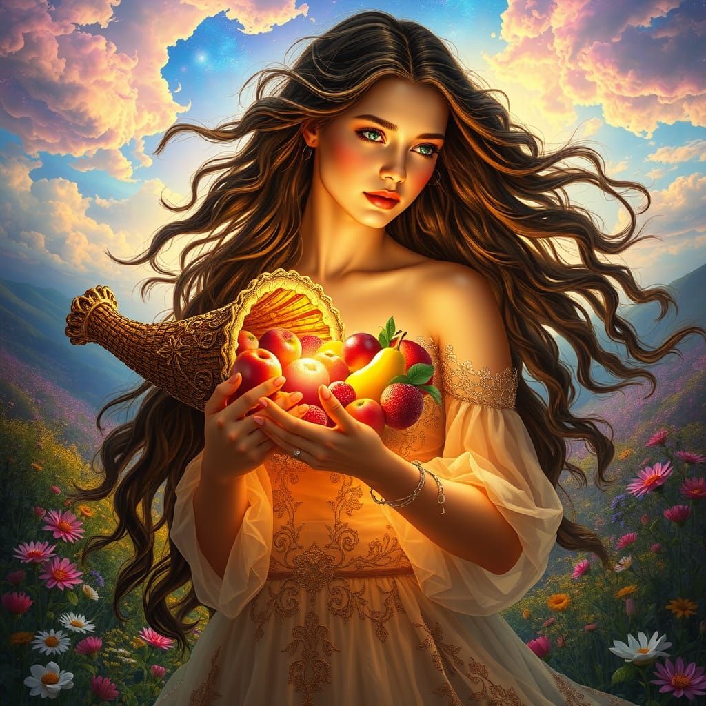 Ethereal Fantasy Goddess Cradles Glowing Cornucopia
