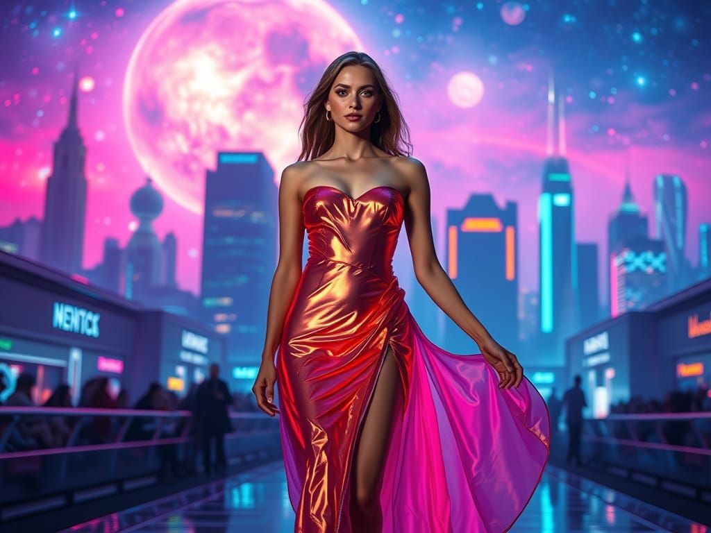 Ethereal Runway Show in Futuristic Cityscape