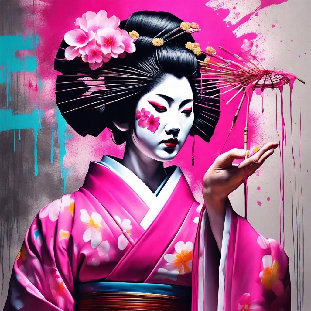 Geisha Holding Sakura Flower in Graffiti Art Style