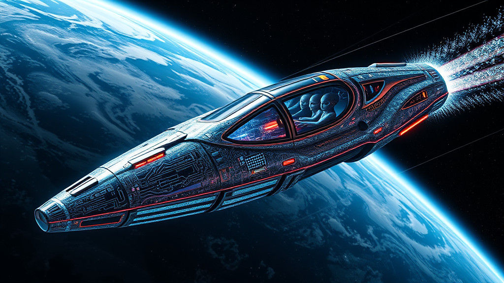 Sleek Spaceship Hurtles Towards Earth with Grey Aliens