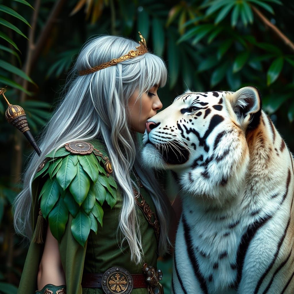 Ranger and White Tiger Portrait in Jungle Setting