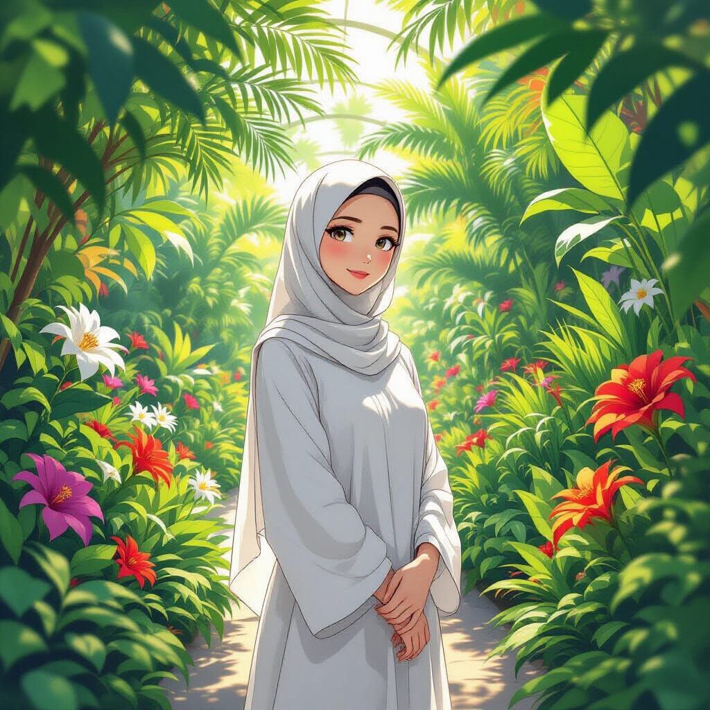 Anime-Style Muslim Woman in Botanical Garden