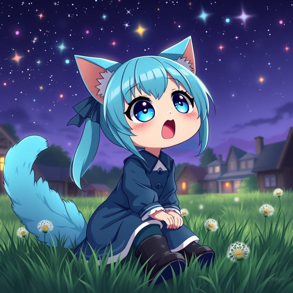 Cute Anime Catgirl Gazing at Starry Night Sky