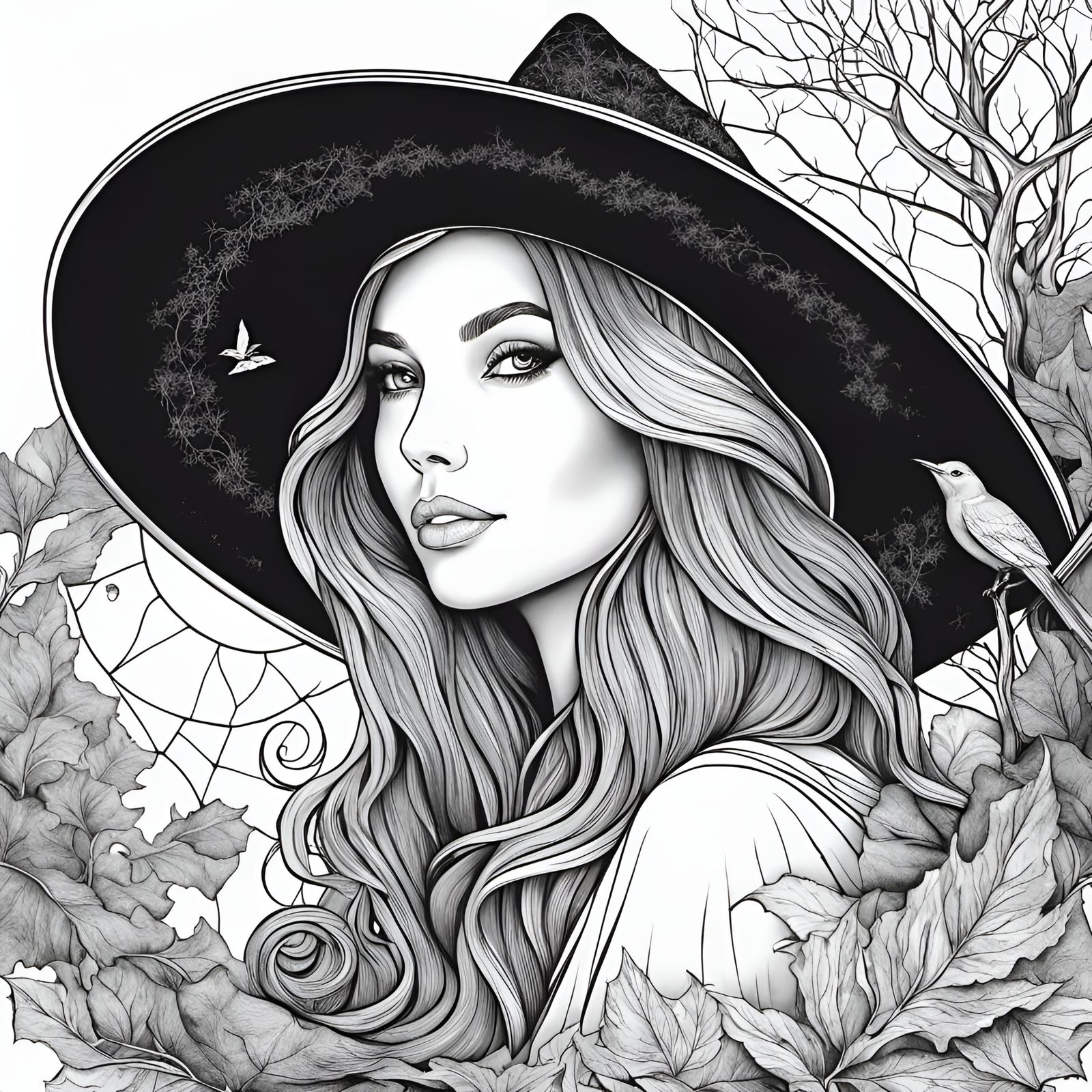 Witch Hat Girl Coloring Page in Detailed Realism