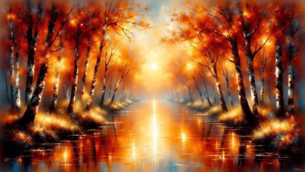 Autumn Birch Forest Painting in Impressionist Style