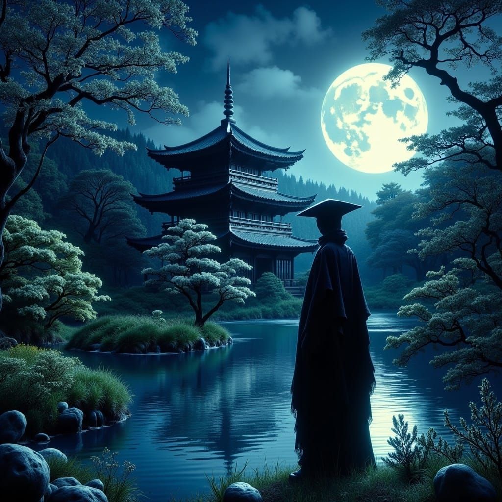 Ninja in Moonlight Japanese Garden, Alcohol Ink Art