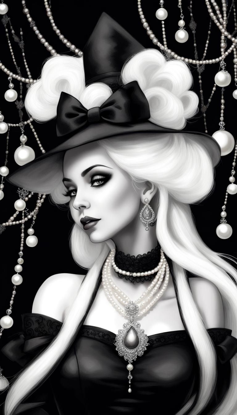 Monochrome Fantasy Lady with Pearls and Bows