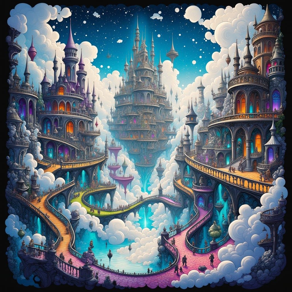 Fantasy Realm with Floating Castle, Spell School, and Treasu...