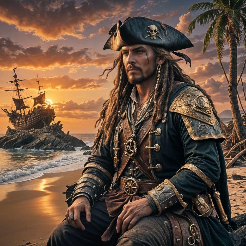 Epic Pirate Reminiscing on Beach at Sunset