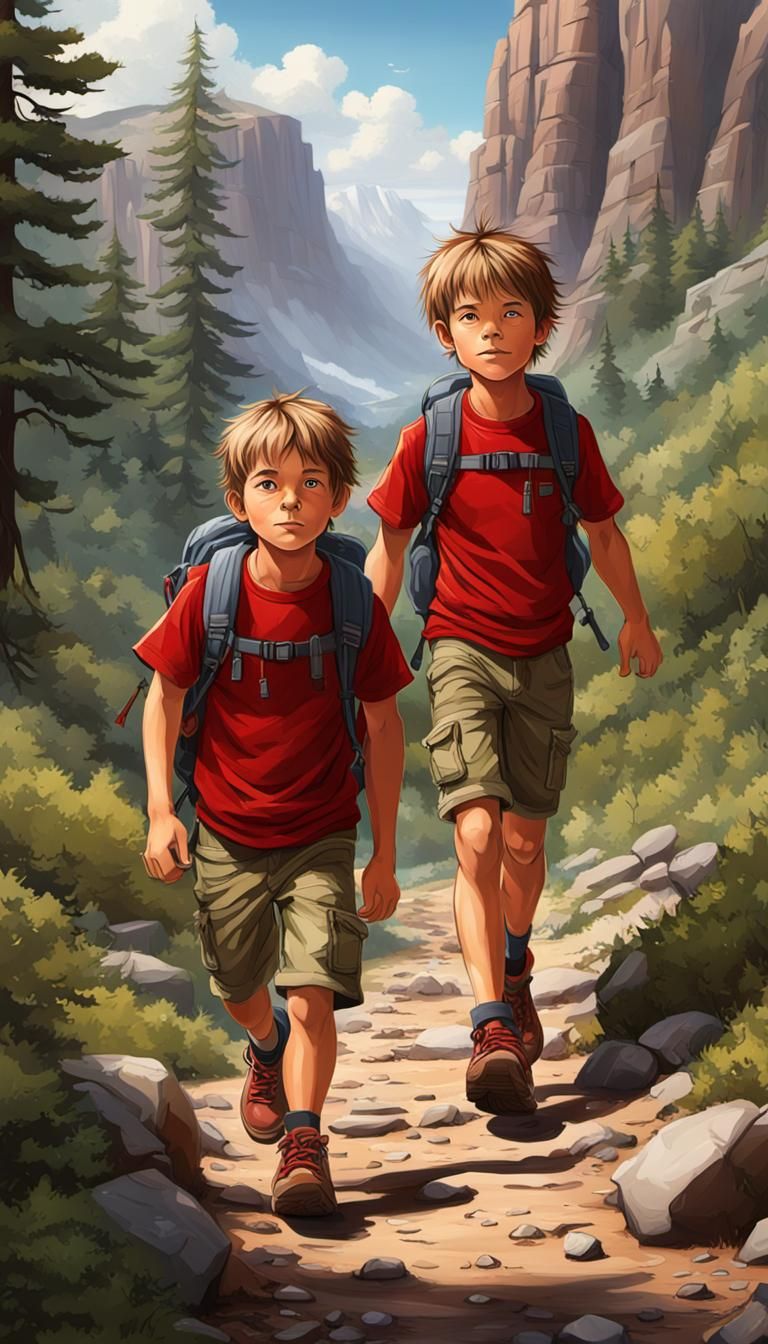 Adventurous Twins Hiking: Detailed Watercolor Illustration