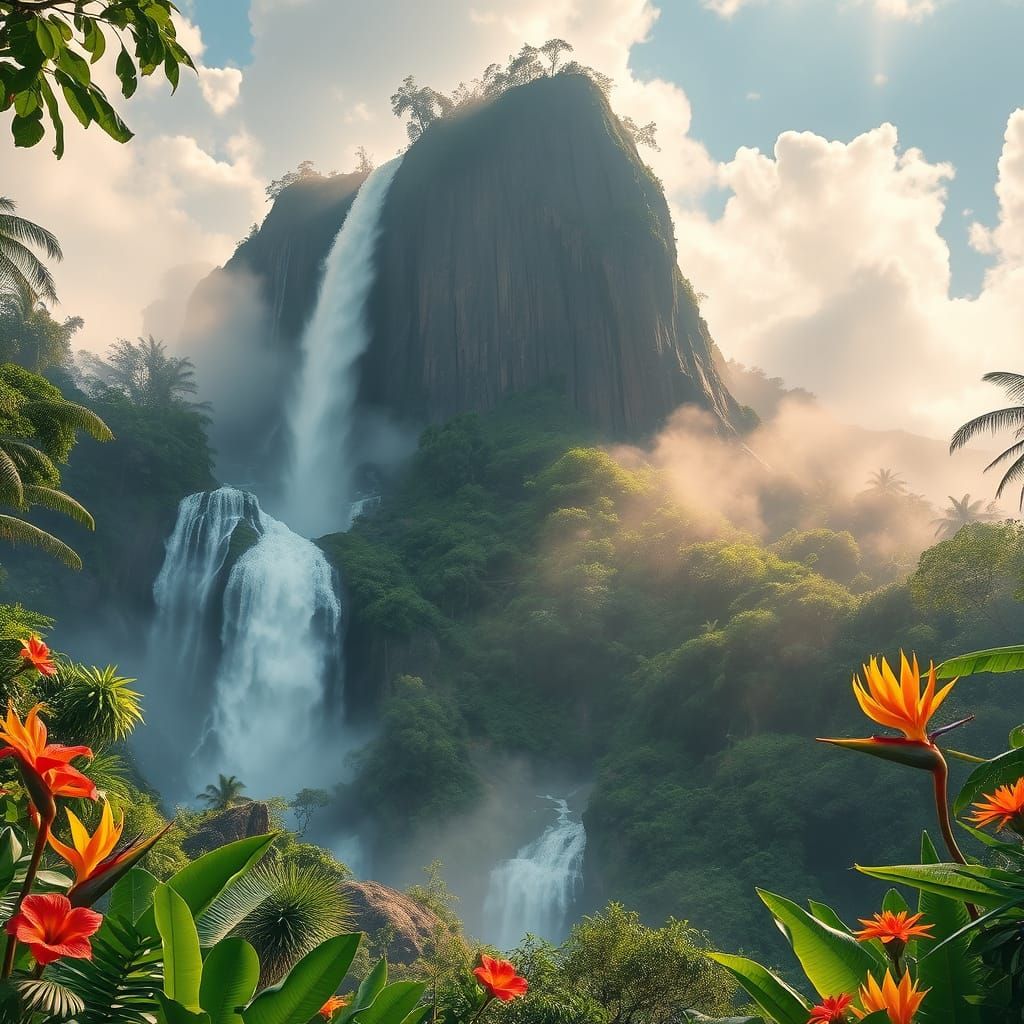 Majestic Tropical Waterfall in Exotic Paradise