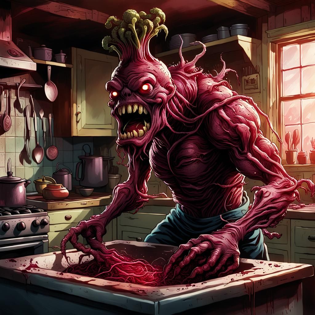 Grotesque Beetroot Monster in Comic Book Horror Art