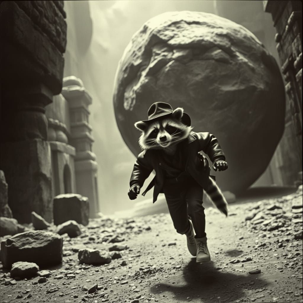 Raccoon Evades Boulder in Cinematic Black and White