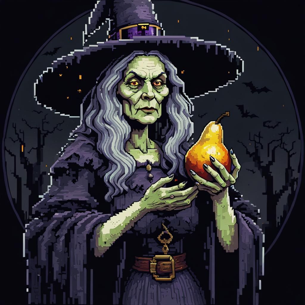 Spooky Witch with Pear in 8-bit Pixel Art