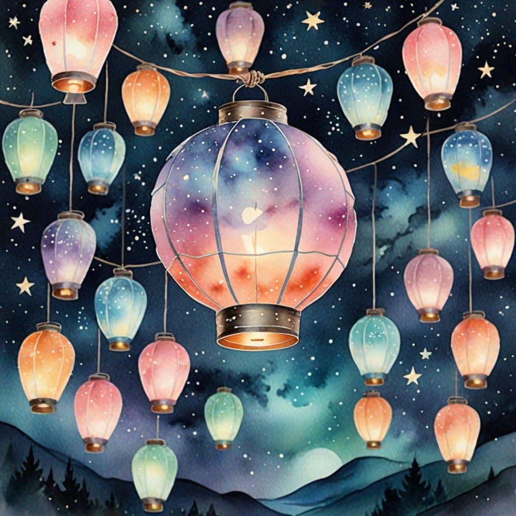 Glowing Lantern in Starry Night Sky: Watercolor Art