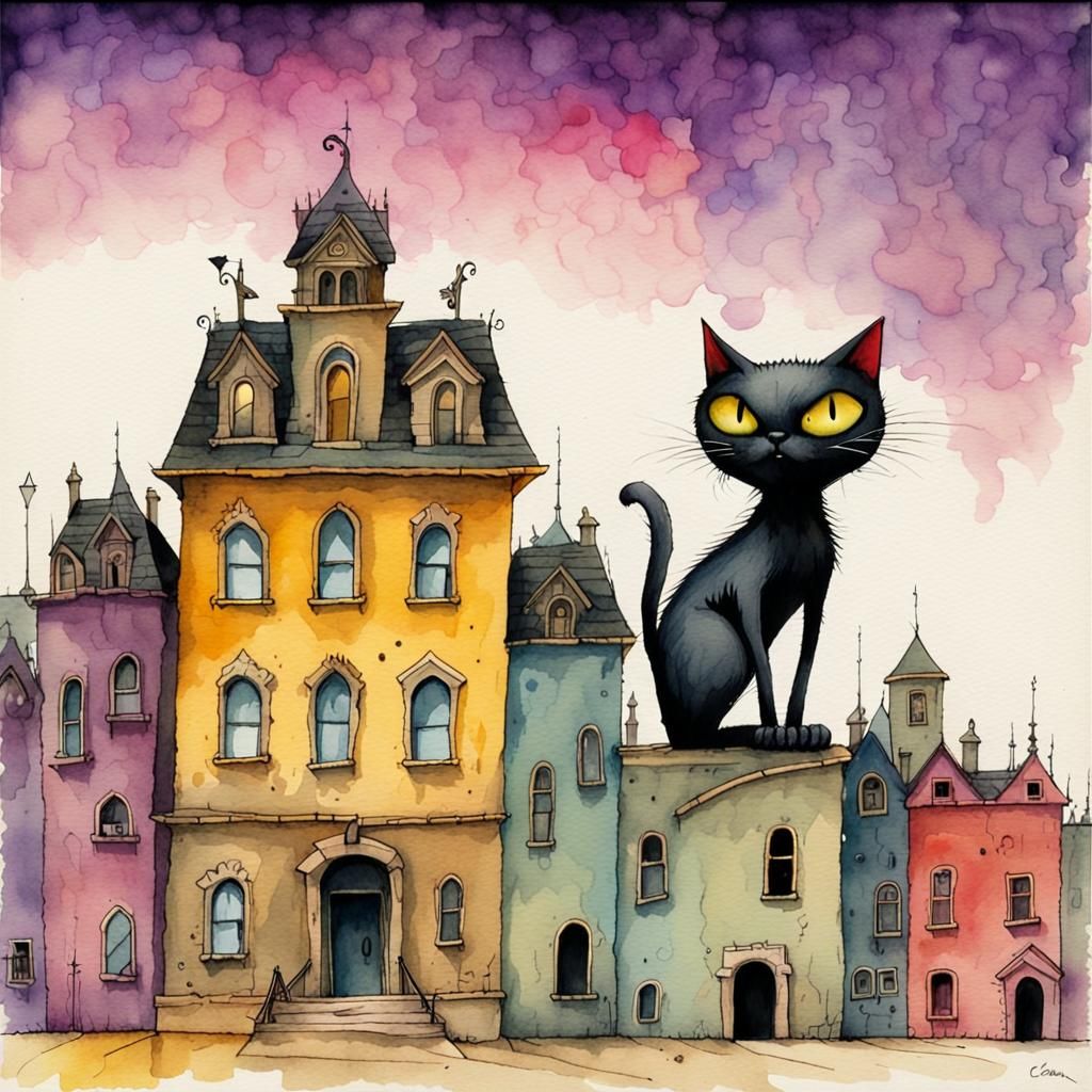 Watercolor Cat Dichotomy with Chibi Elements