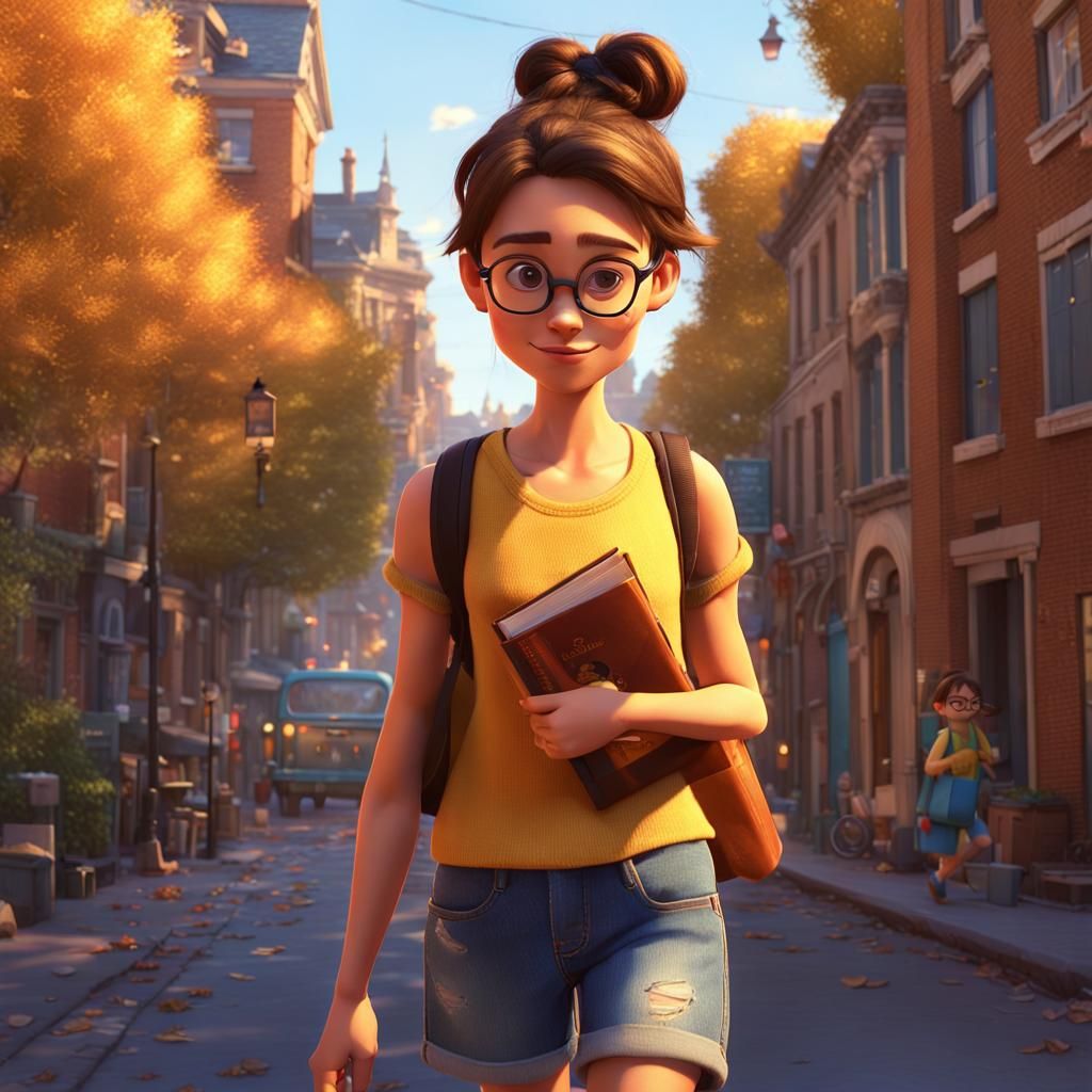 Girl with Books in Autumn: Pixar Style 3D Art
