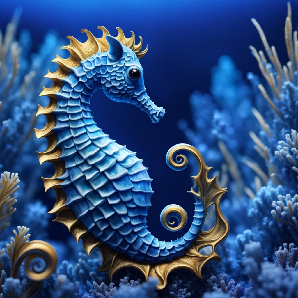 Chibi Blue Seahorse in Surrealist Style