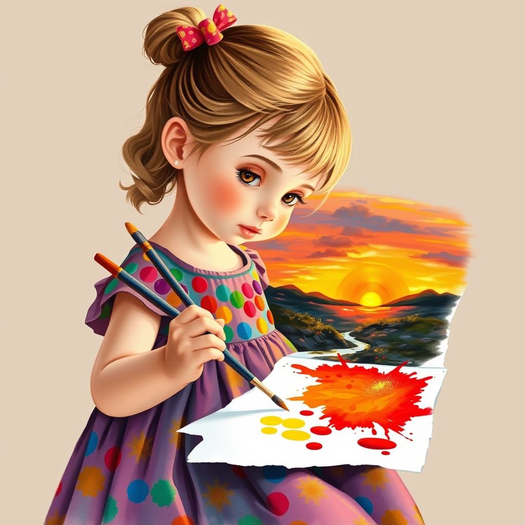 Girl Paints Sunset Scenery with Whimsical Artistic Touches