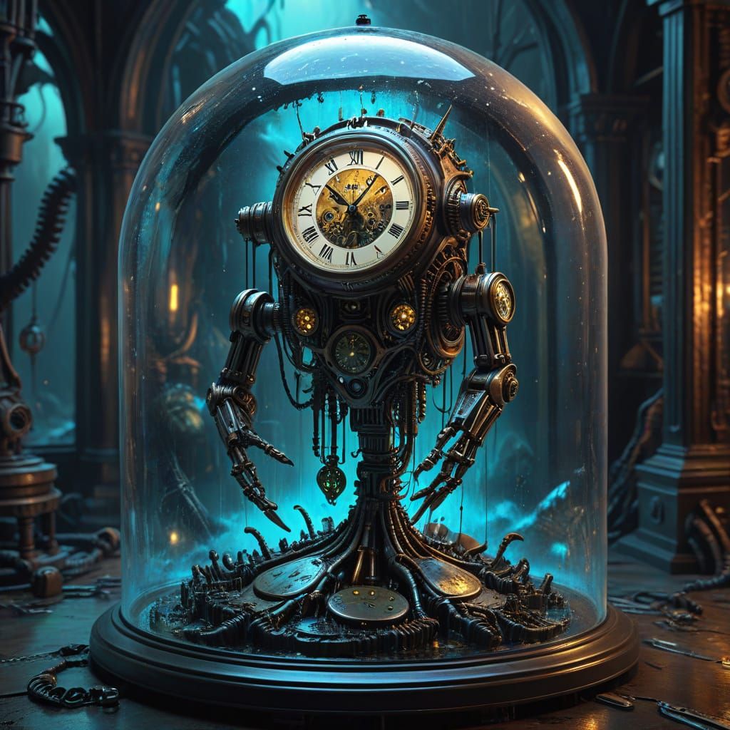 Surreal Melting Clock Steampunk Robot Bioluminescent Scene