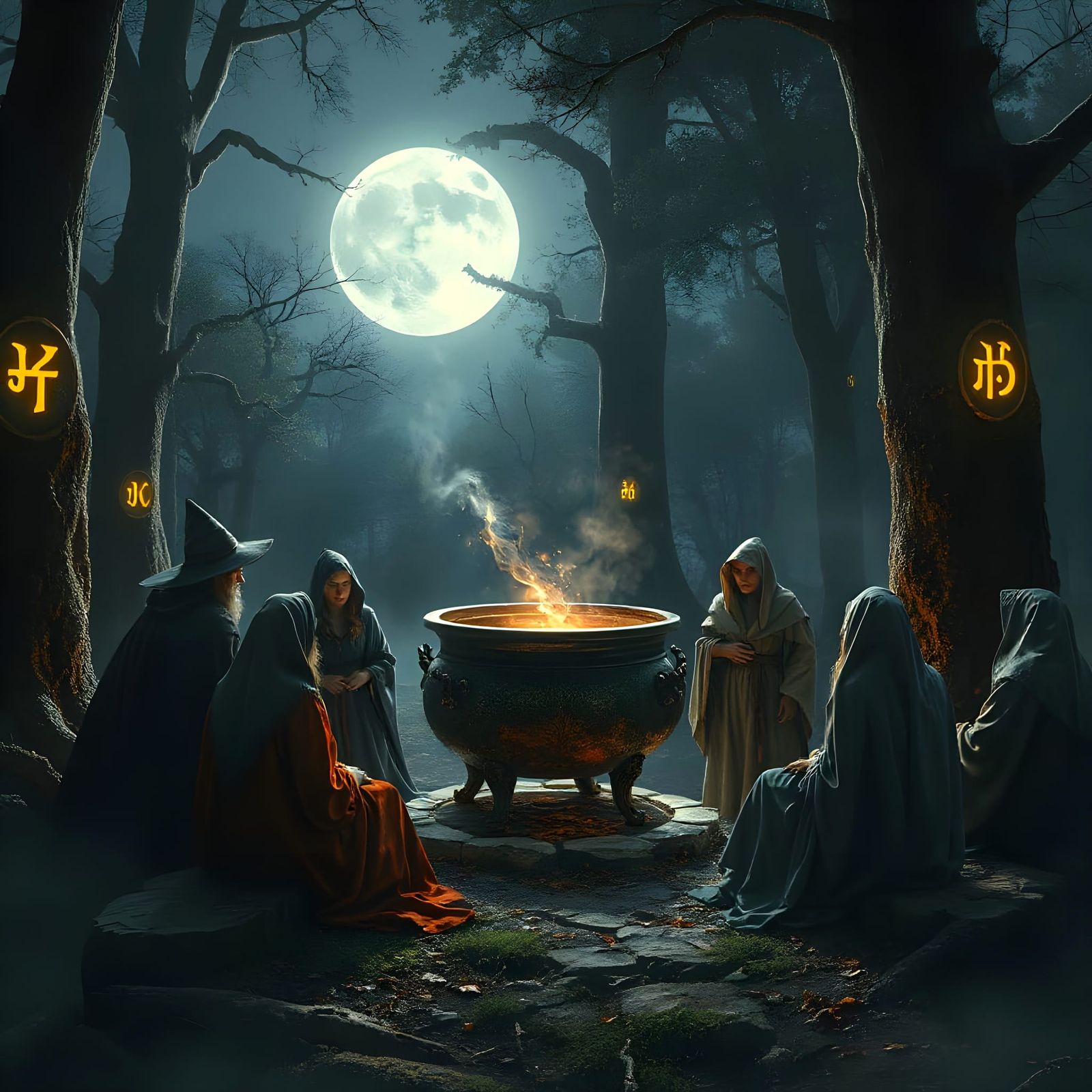Witches Coven in Mystical Forest Clearing