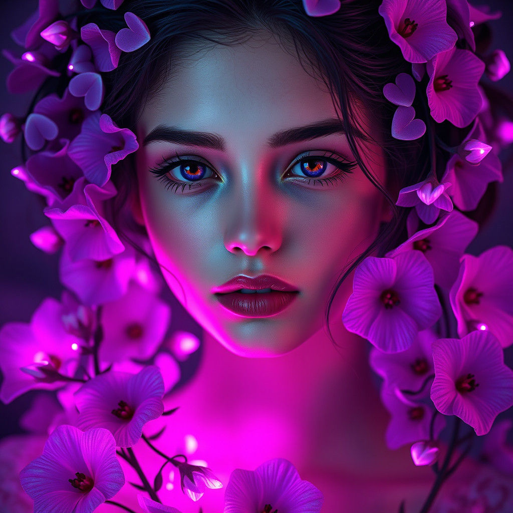 Woman Portrait with Purple Flowers, Hyper-Realistic Lighting