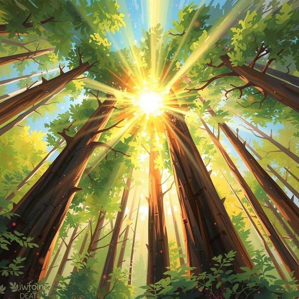 Sunbeams Dancing Through Trees in a Vibrant Forest