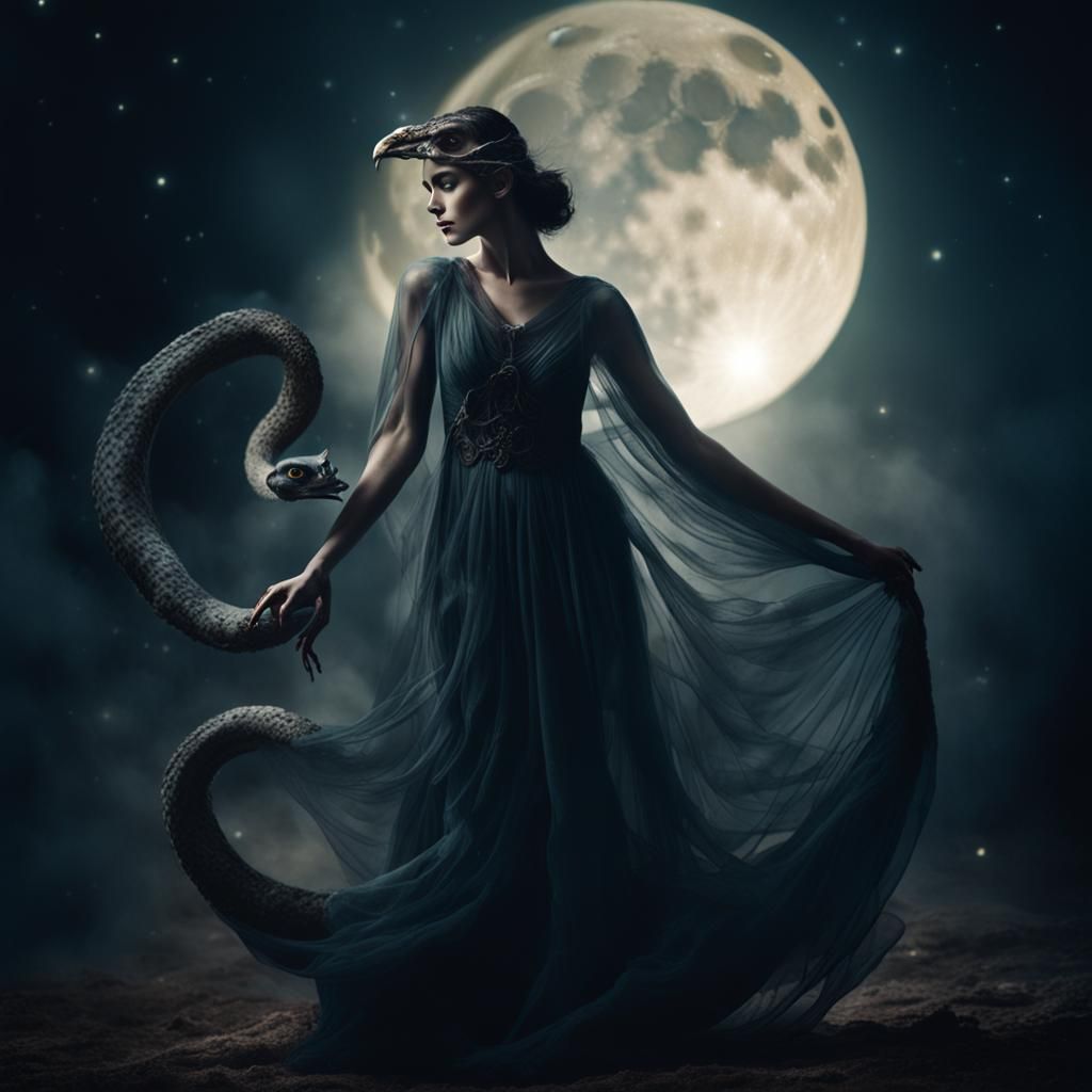 Ethereal Serpent Woman in Mystical Moonlight