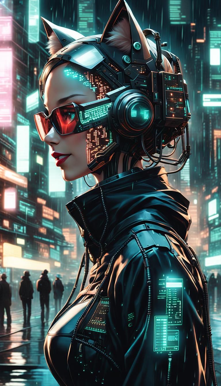 Laughing Cyberpunk Cat-Eared Cyborg in the Matrix