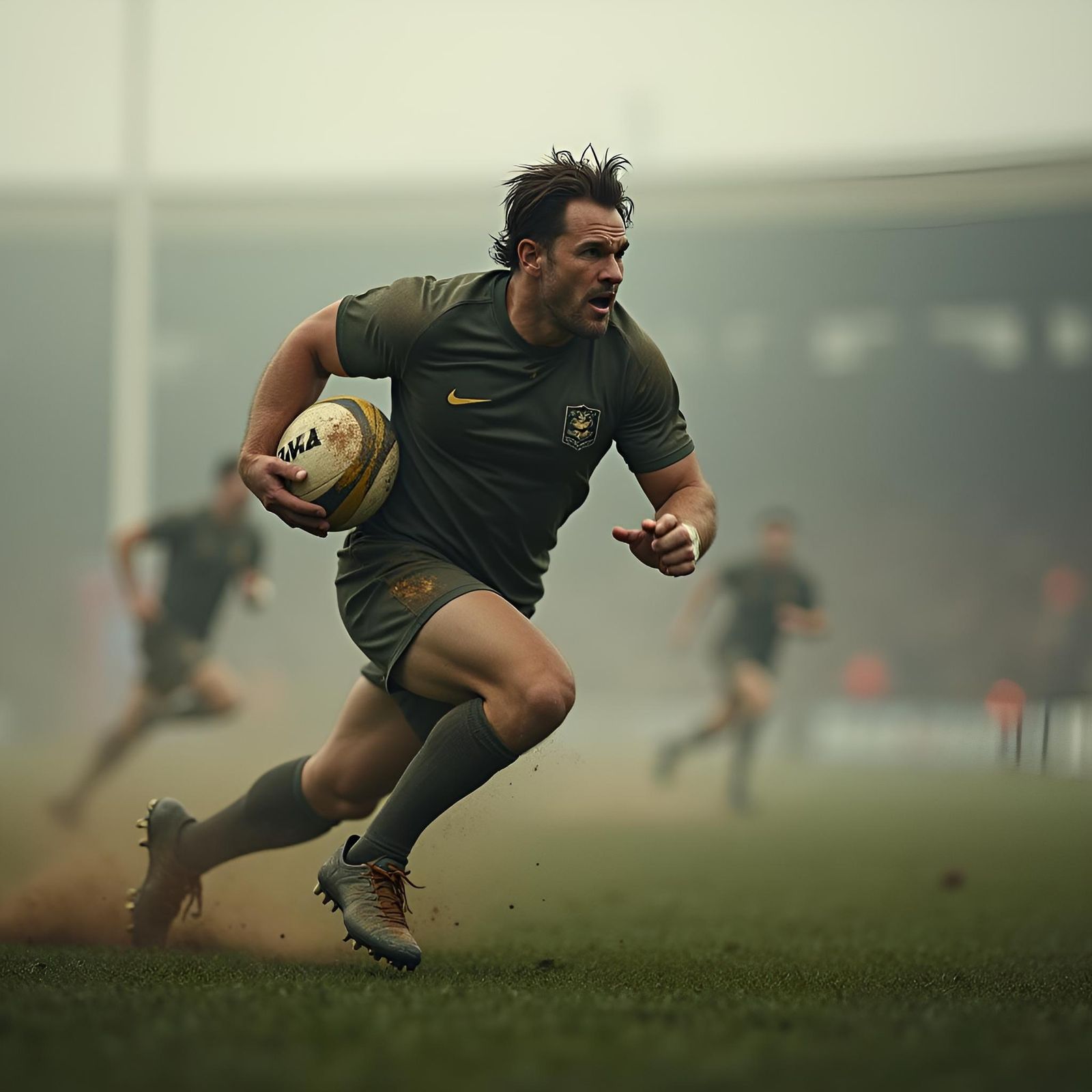 Rugby Player in Watercolor Style Running with Ball