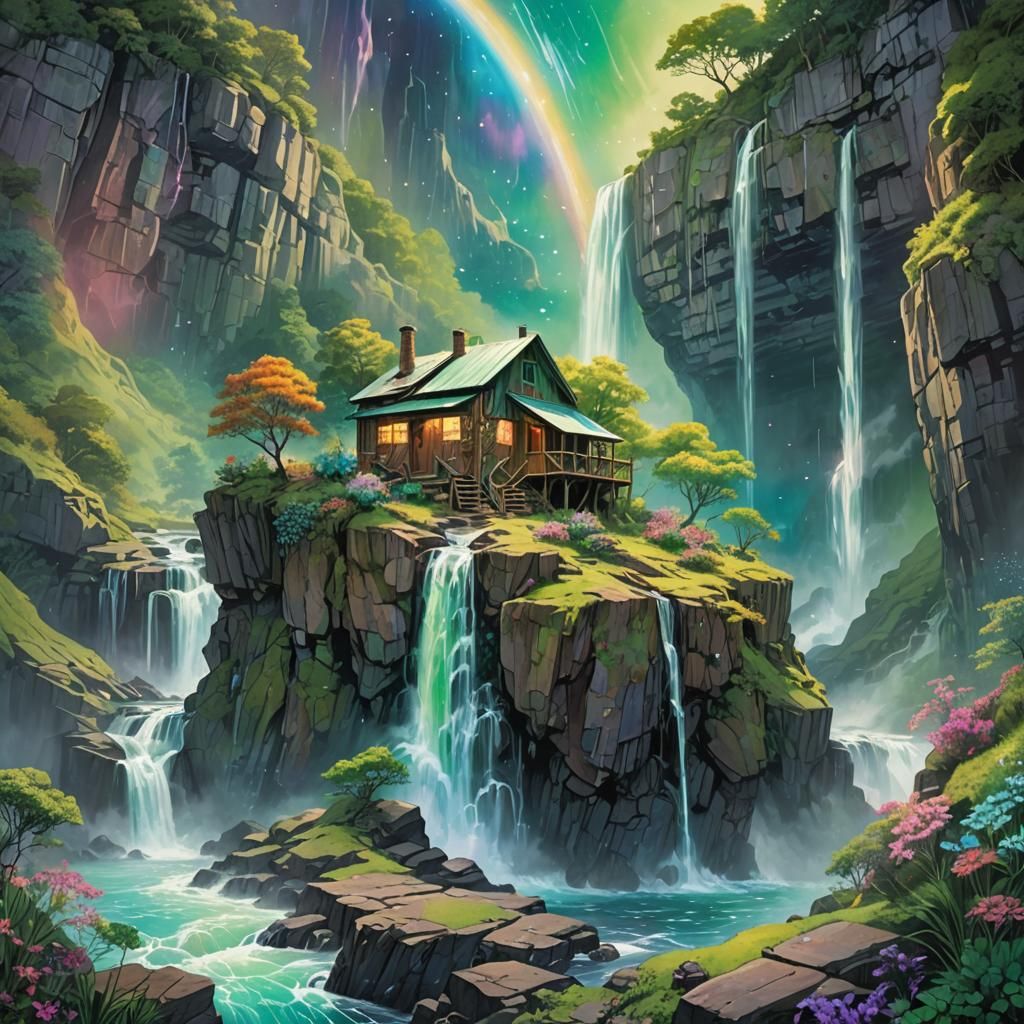 Cliffside Shack with Astral Waterfall: Holographic Illustrat...