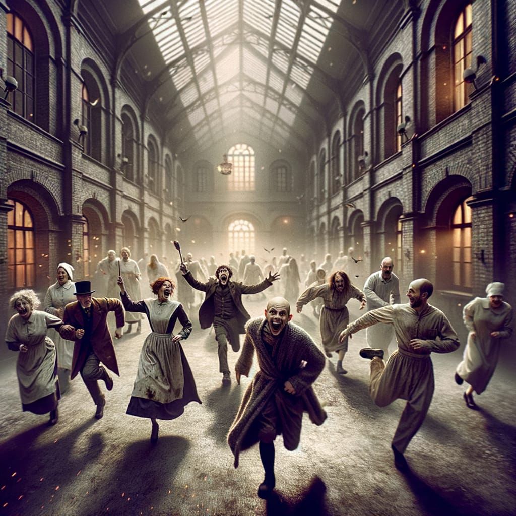 Asylum Patients Chase Nurses: A Cinematic Film Still