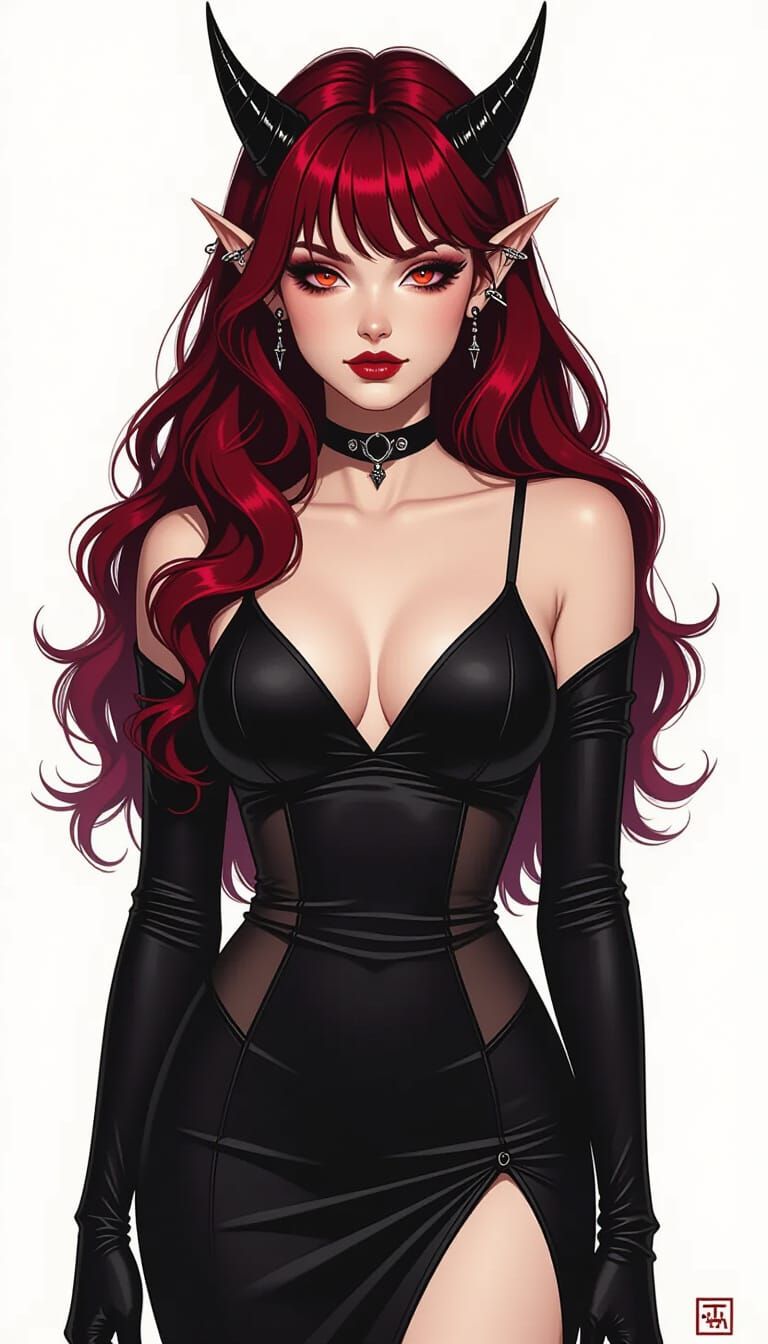 Demonic Woman with Crimson Hair in Dark Fantasy Style