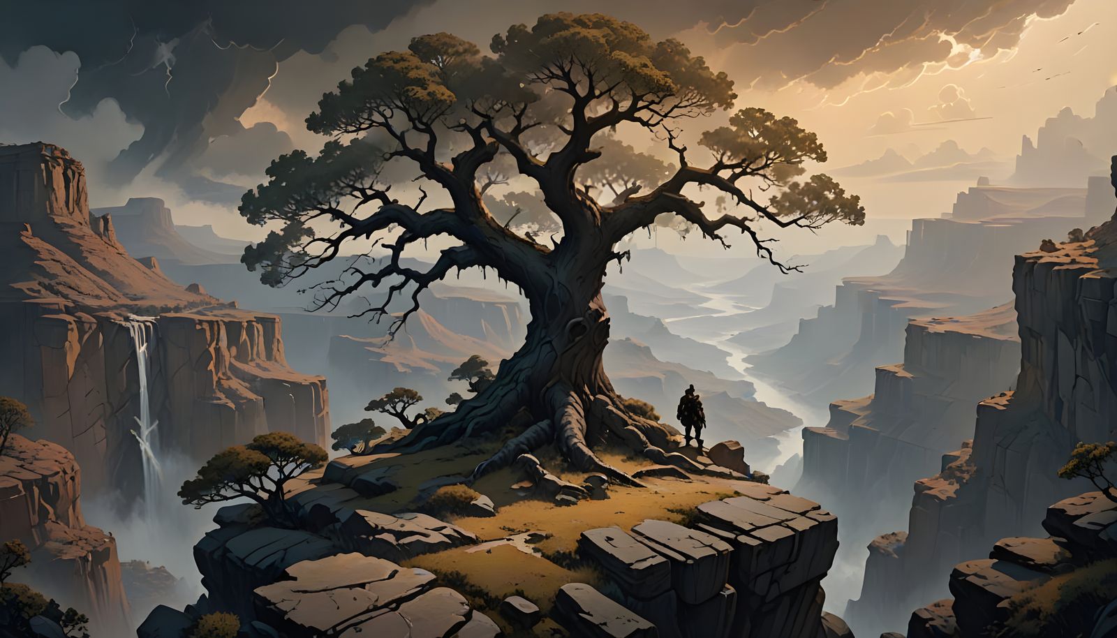 Ancient Oak on Windswept Outcrop in Dark Fantasy Concept Art