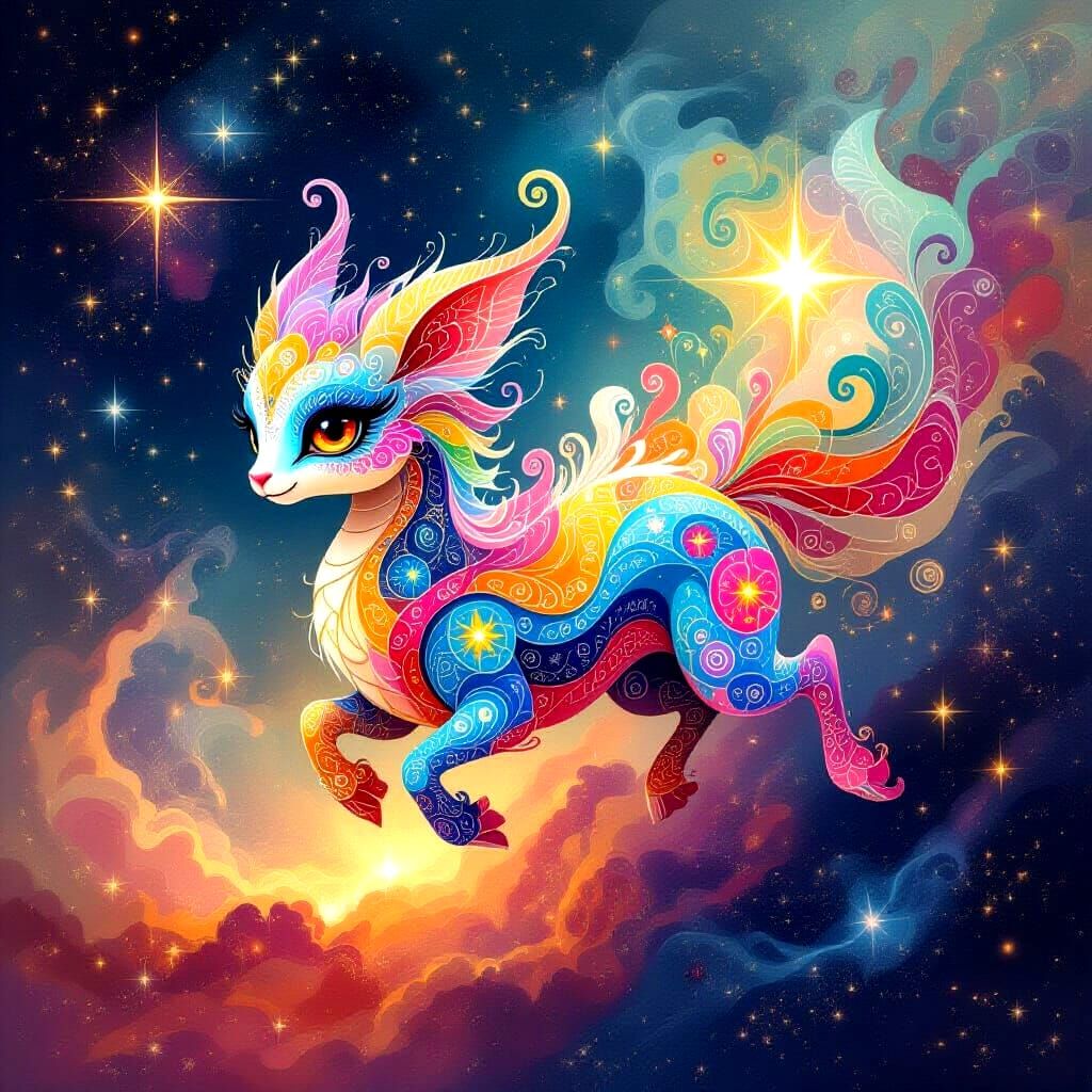 Whimsical Zentangle Creature in Cosmic Nebula