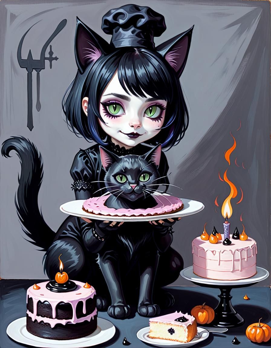 Cute Emo Cat Baking Gothic Cake Gouache Painting
