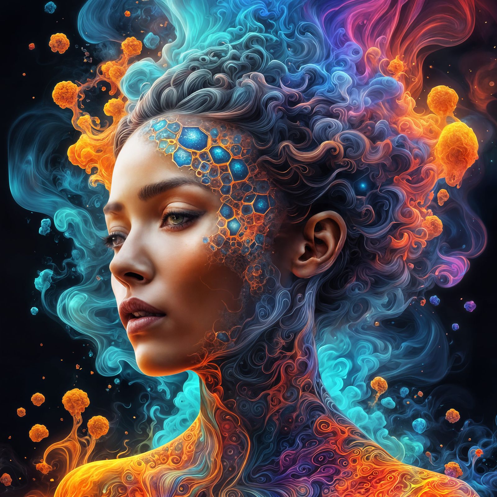 Surreal Open Head with Hexagonal Fractals in 8k